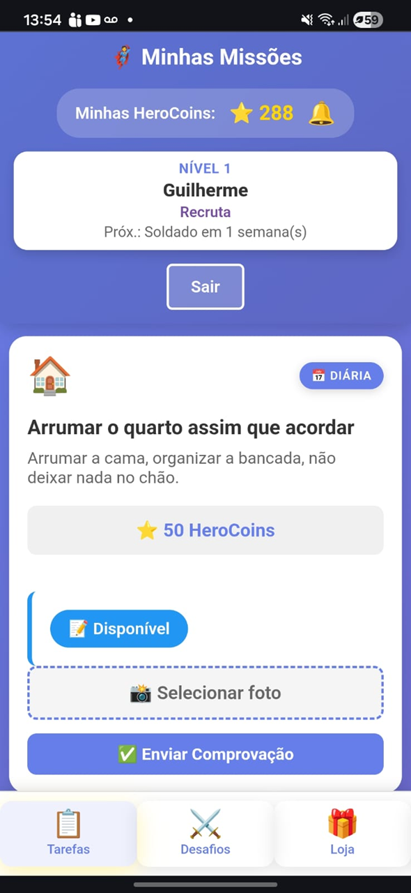 Dashboard mobile da criança