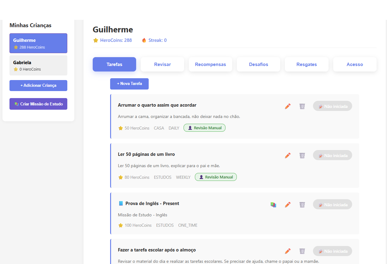Dashboard do responsável